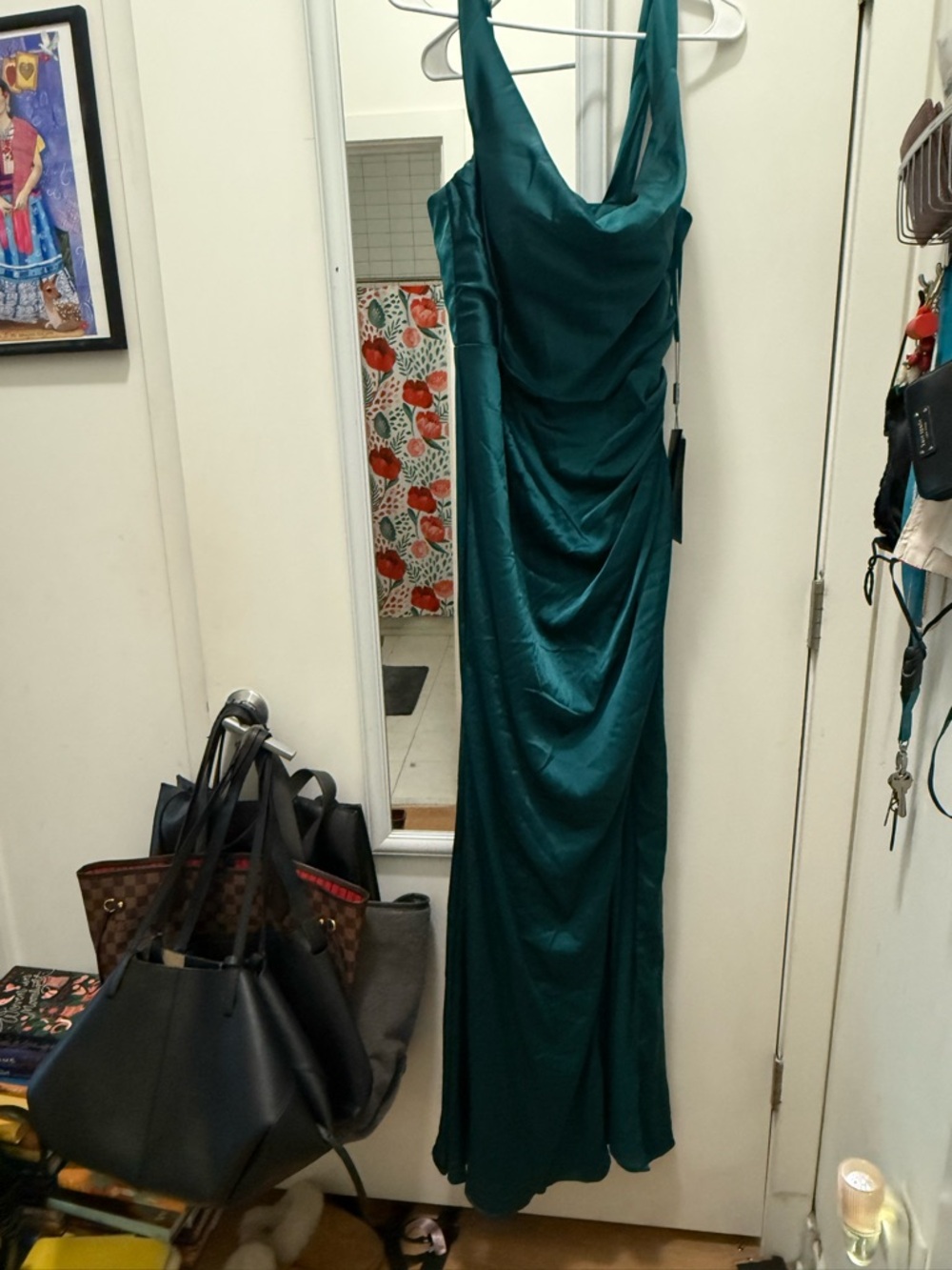 Elegant Teal Satin Cowl Neck Evening Dress